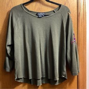 Carole Little Olive Long Sleeve Top with Asian Style Embroidered Dragon.